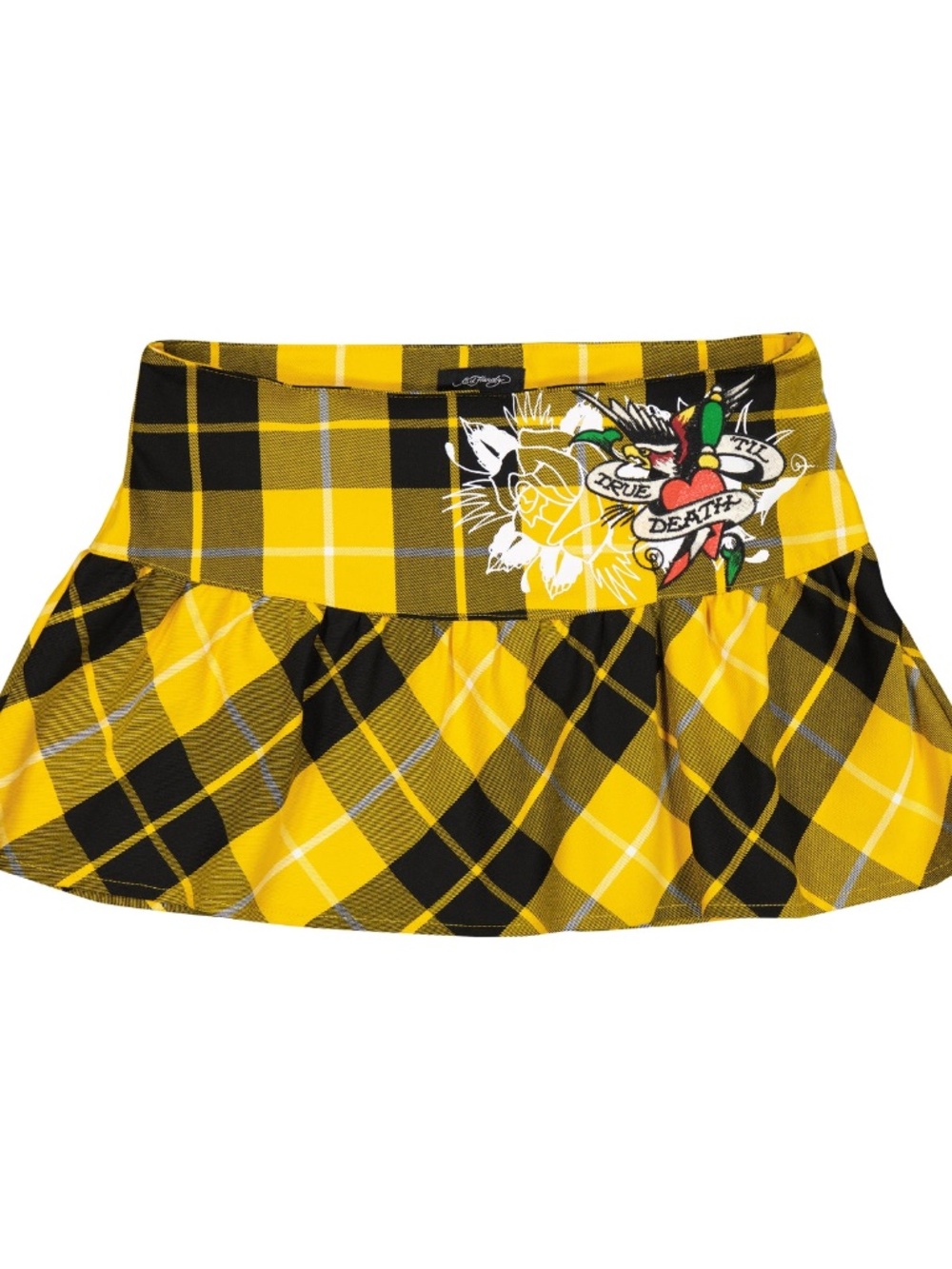 Ed Hardy NWT True Eagle Yellow Plaid Flare Mini  Skirt size Large Y2K Mall Goth